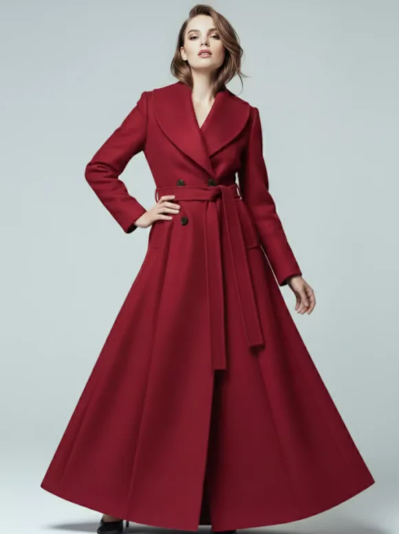 Manteau long en laine ceinturé à col châle et double boutonnage pour femme 2026