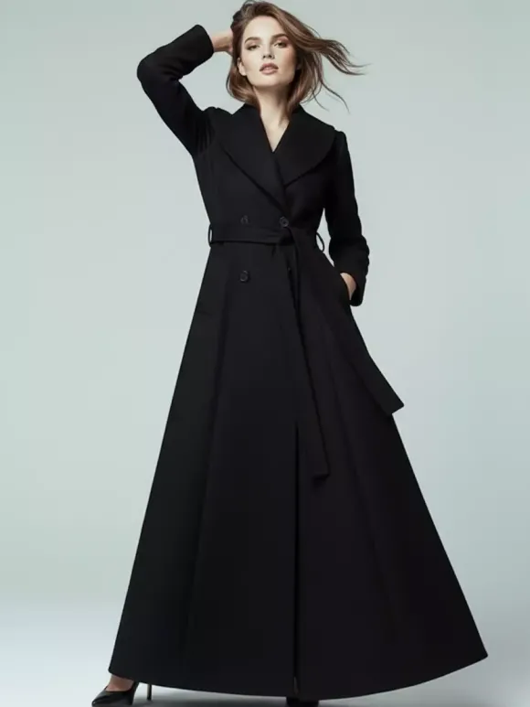Manteau long en laine ceinturé à col châle et double boutonnage pour femme 2026