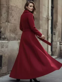 Manteau long en laine ceinturé à col châle et double boutonnage pour femme 2026