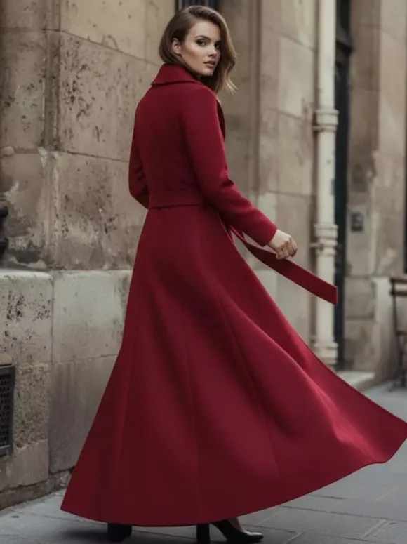 Manteau long en laine ceinturé à col châle et double boutonnage pour femme 2026