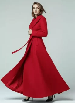 Manteau long en laine ceinturé à col châle et double boutonnage pour femme 2026
