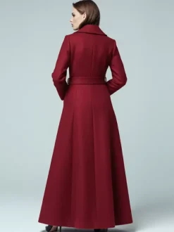 Manteau long en laine ceinturé à col châle et double boutonnage pour femme 2026