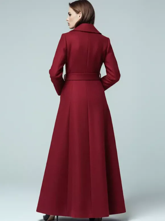 Manteau long en laine ceinturé à col châle et double boutonnage pour femme 2026