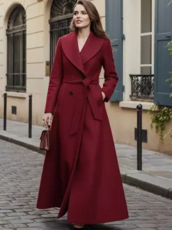 Manteau long en laine ceinturé à col châle et double boutonnage pour femme 2026