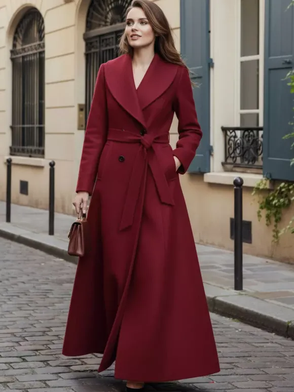 Manteau long en laine ceinturé à col châle et double boutonnage pour femme 2026