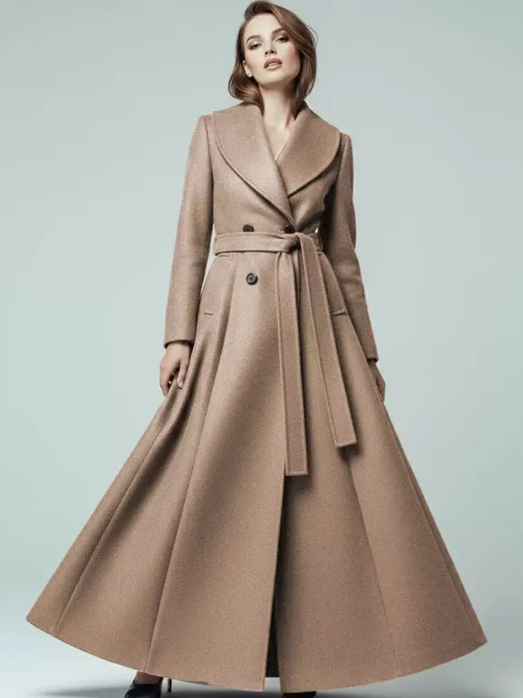 Manteau long en laine ceinturé à col châle et double boutonnage pour femme 2026