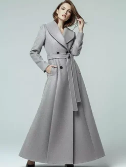 Manteau long en laine ceinturé à col châle et double boutonnage pour femme 2026