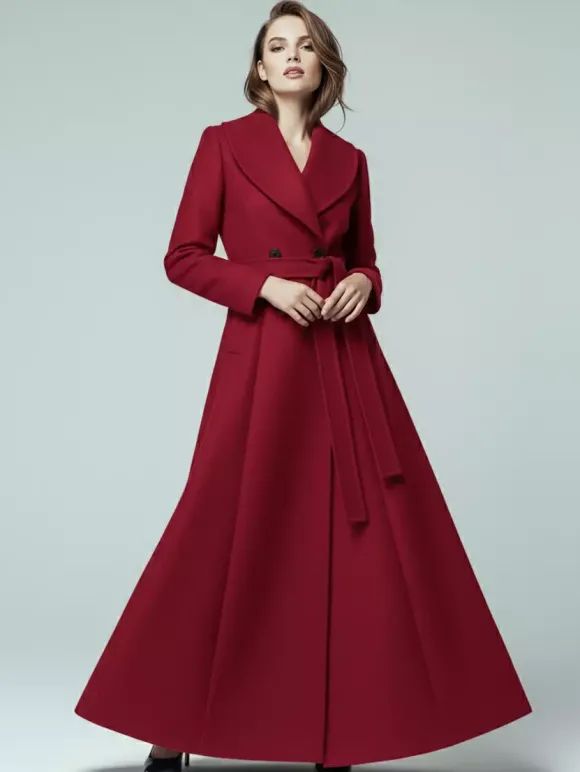 Manteau long en laine ceinturé à col châle et double boutonnage pour femme 2026