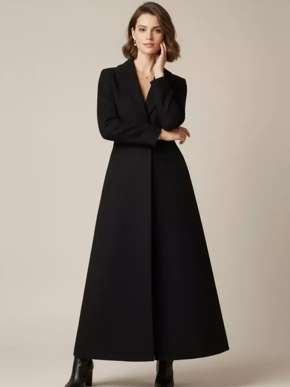 Manteau long en laine à col châle coupe trapèze et col en V pour femme 2026