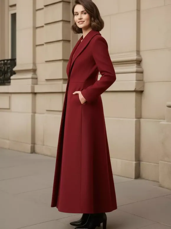 Manteau long en laine à col châle coupe trapèze et col en V pour femme 2026