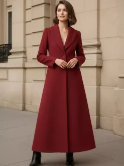 Manteau long en laine à col châle coupe trapèze et col en V pour femme 2026