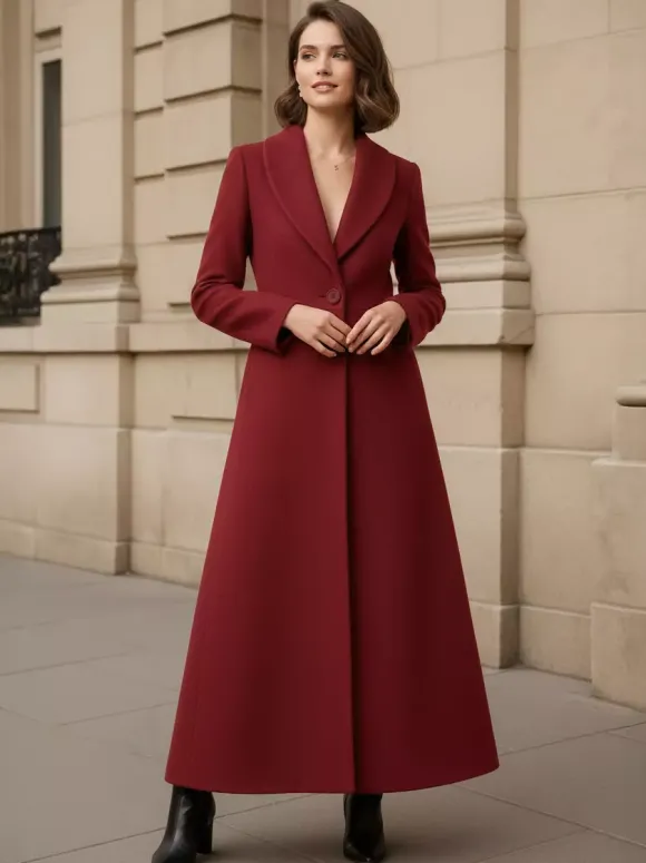 Manteau long en laine à col châle coupe trapèze et col en V pour femme 2026