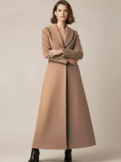 Manteau long en laine à col châle coupe trapèze et col en V pour femme 2026