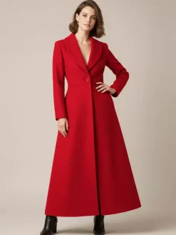 Manteau long en laine à col châle coupe trapèze et col en V pour femme 2026