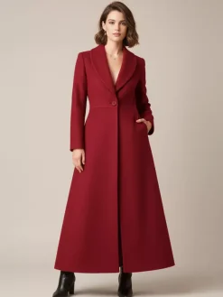 Manteau long en laine à col châle coupe trapèze et col en V pour femme 2026