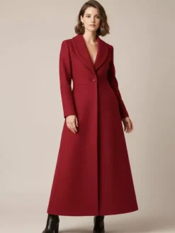 Manteau long en laine à col châle coupe trapèze et col en V pour femme 2026