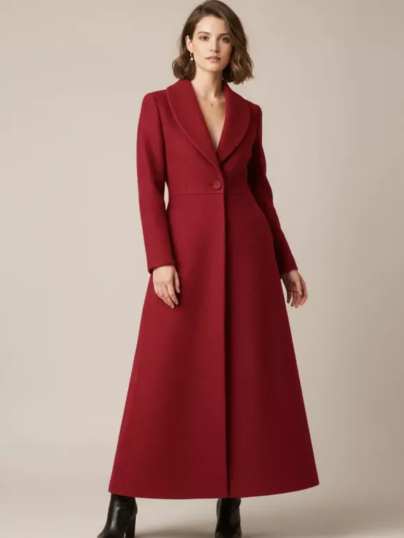 Manteau long en laine à col châle coupe trapèze et col en V pour femme 2026