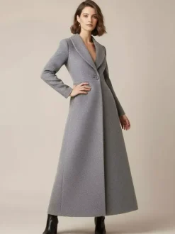 Manteau long en laine à col châle coupe trapèze et col en V pour femme 2026