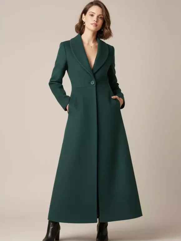 Manteau long en laine à col châle coupe trapèze et col en V pour femme 2026