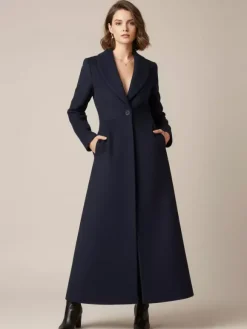 Manteau long en laine à col châle coupe trapèze et col en V pour femme 2026