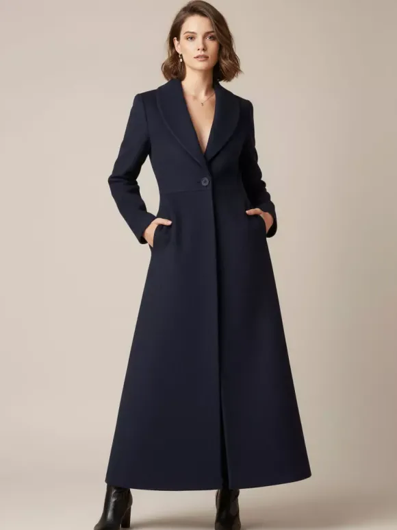 Manteau long en laine à col châle coupe trapèze et col en V pour femme 2026