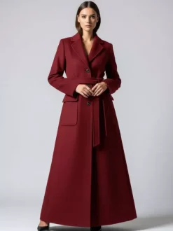 Manteau long maxi en laine avec ceinture revers et grandes poches pour femme (collection 2026)