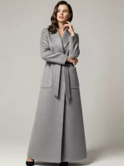 Manteau long maxi en laine ceinturé avec large col châle pour femme 2026