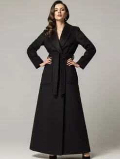 Manteau long maxi en laine ceinturé avec large col châle pour femme 2026