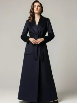 Manteau long maxi en laine ceinturé avec large col châle pour femme 2026