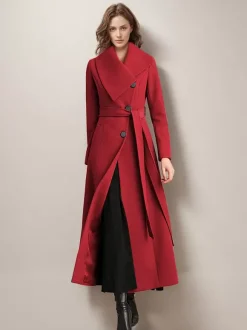 Manteau long pour femme avec ceinture rouge et col large vêtement d'extérieur chaud pour l'hiver 2026
