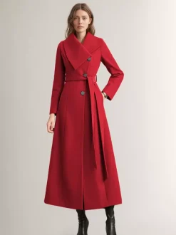 Manteau long pour femme avec ceinture rouge et col large vêtement d'extérieur chaud pour l'hiver 2026