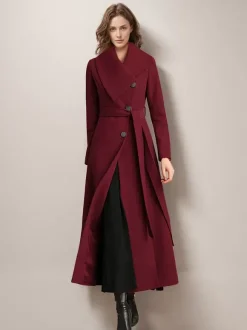 Manteau long pour femme avec ceinture rouge et col large vêtement d'extérieur chaud pour l'hiver 2026