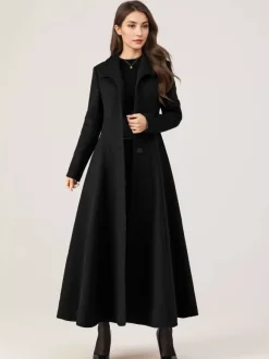 Manteau long évasé en laine gris ceinturé pour femme vêtement d'extérieur d'hiver long pour femme 2026