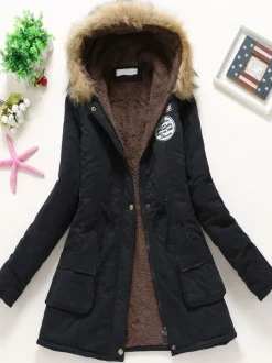 Manteau Matelassé Femme à Capuche avec Manches Longues à Zip avec Poches Coupe Cintrée à Lacets Bicolores Manteau Femme