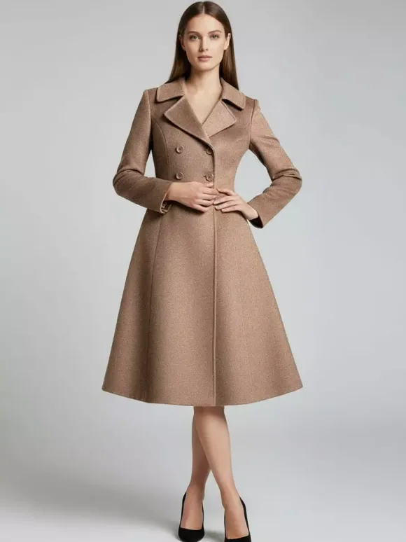 Manteau midi croisé en laine mélangée coupe trapèze évasée collection femme 2026