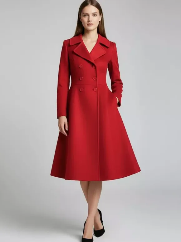 Manteau midi croisé en laine mélangée coupe trapèze évasée collection femme 2026