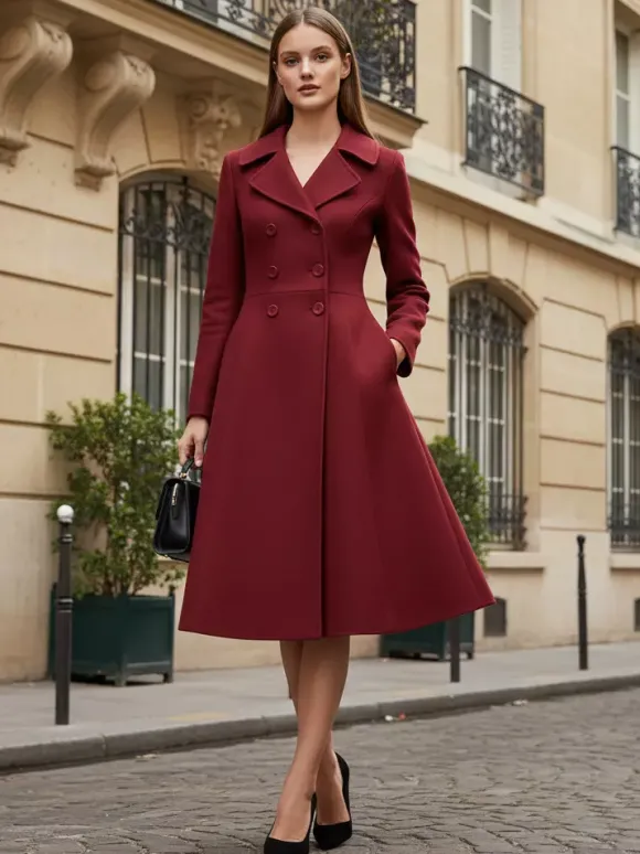 Manteau midi croisé en laine mélangée coupe trapèze évasée collection femme 2026