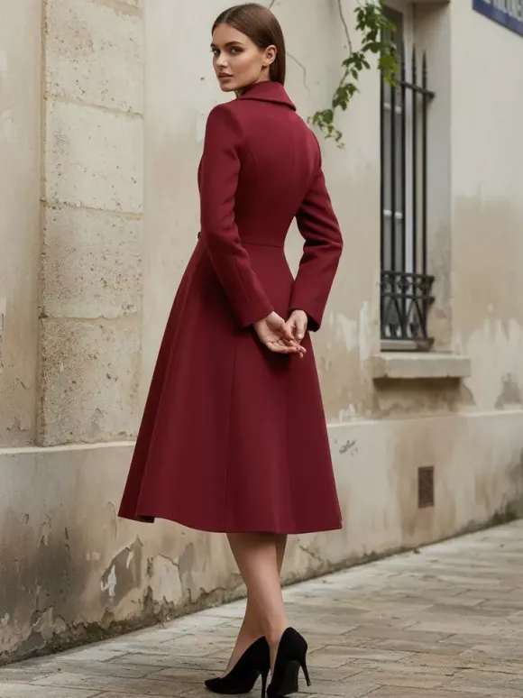 Manteau midi croisé en laine mélangée coupe trapèze évasée collection femme 2026
