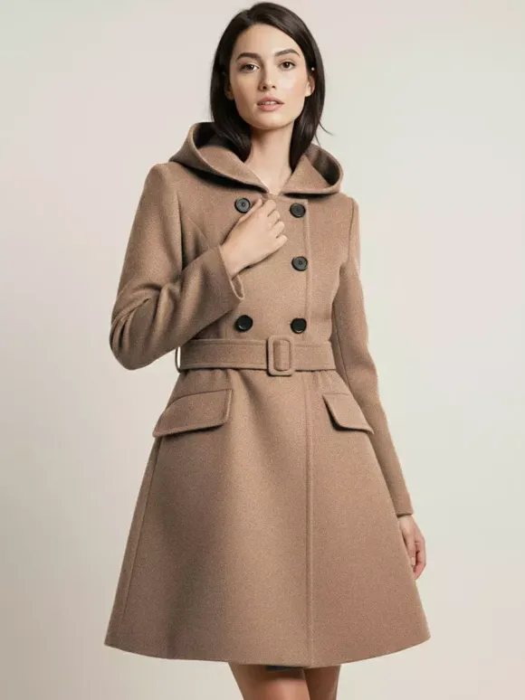 Manteau midi trapèze à capuche coupe croisée et ceinture pour femme 2026