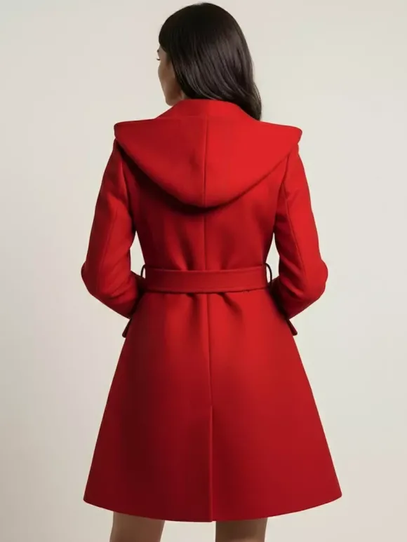 Manteau midi trapèze à capuche coupe croisée et ceinture pour femme 2026
