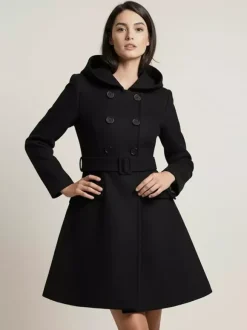 Manteau midi trapèze à capuche coupe croisée et ceinture pour femme 2026