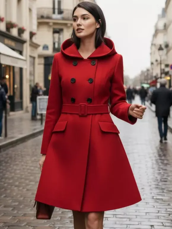 Manteau midi trapèze à capuche coupe croisée et ceinture pour femme 2026