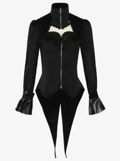 Manteau mi-long gothique noir pour femme trench slim col montant smoking palais