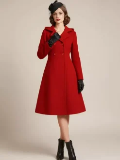 Manteau mi-long vintage en laine à capuche coupe trapèze et double boutonnage pour femme (collection 2026)