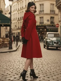 Manteau mi-long vintage en laine à capuche coupe trapèze et double boutonnage pour femme (collection 2026)