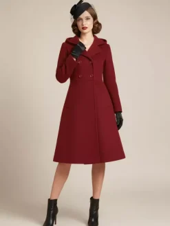Manteau mi-long vintage en laine à capuche coupe trapèze et double boutonnage pour femme (collection 2026)