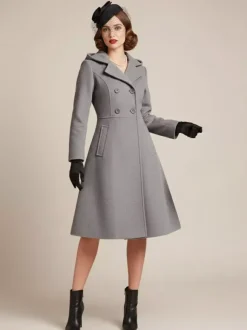 Manteau mi-long vintage en laine à capuche coupe trapèze et double boutonnage pour femme (collection 2026)