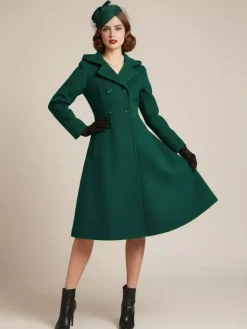 Manteau mi-long vintage en laine à capuche coupe trapèze et double boutonnage pour femme (collection 2026)