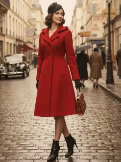 Manteau mi-long vintage en laine à capuche coupe trapèze et double boutonnage pour femme (collection 2026)