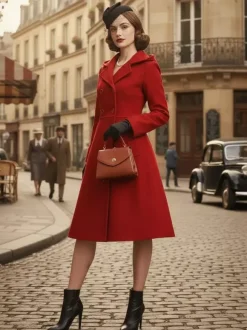Manteau mi-long vintage en laine à capuche coupe trapèze et double boutonnage pour femme (collection 2026)